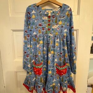 Matilda Jane Festive Blue Dress with Red and Green Accents